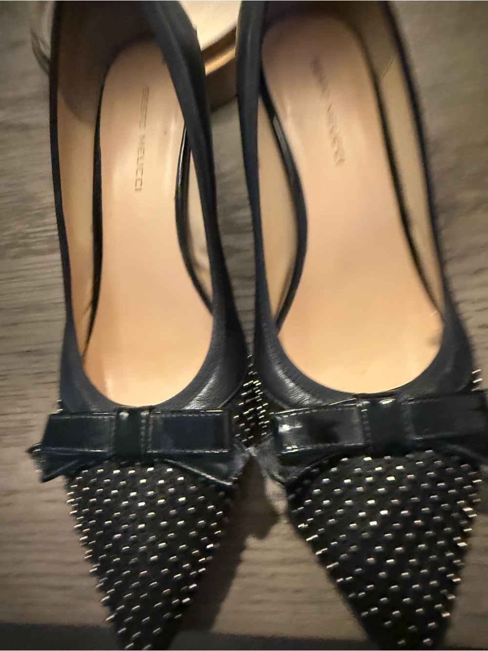 Sesto Meucci Black Pointed Studded Bow Pumps